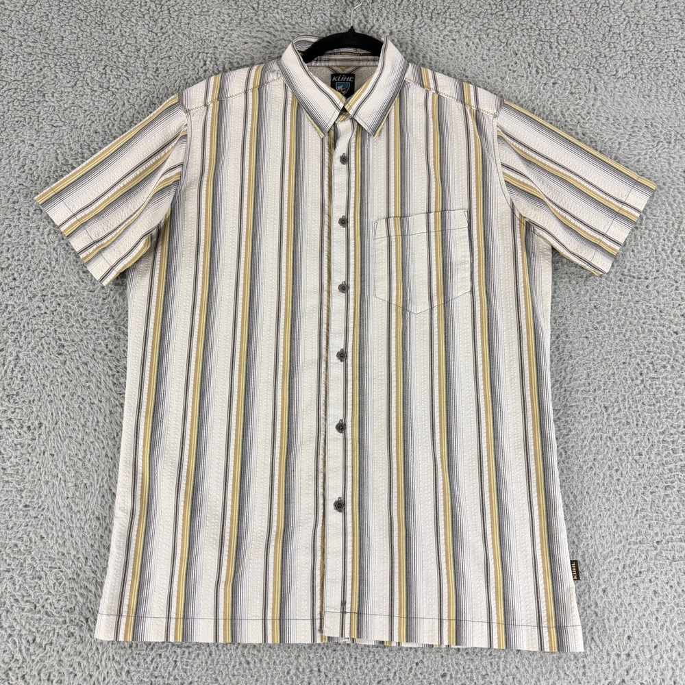 Kuhl Button Down Shirt Mens‎ Small Yellow Striped Short Sleeve Recycled Organic
